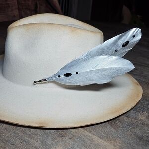 Genuine silver feather hat pin brooch accented with black pearl gems